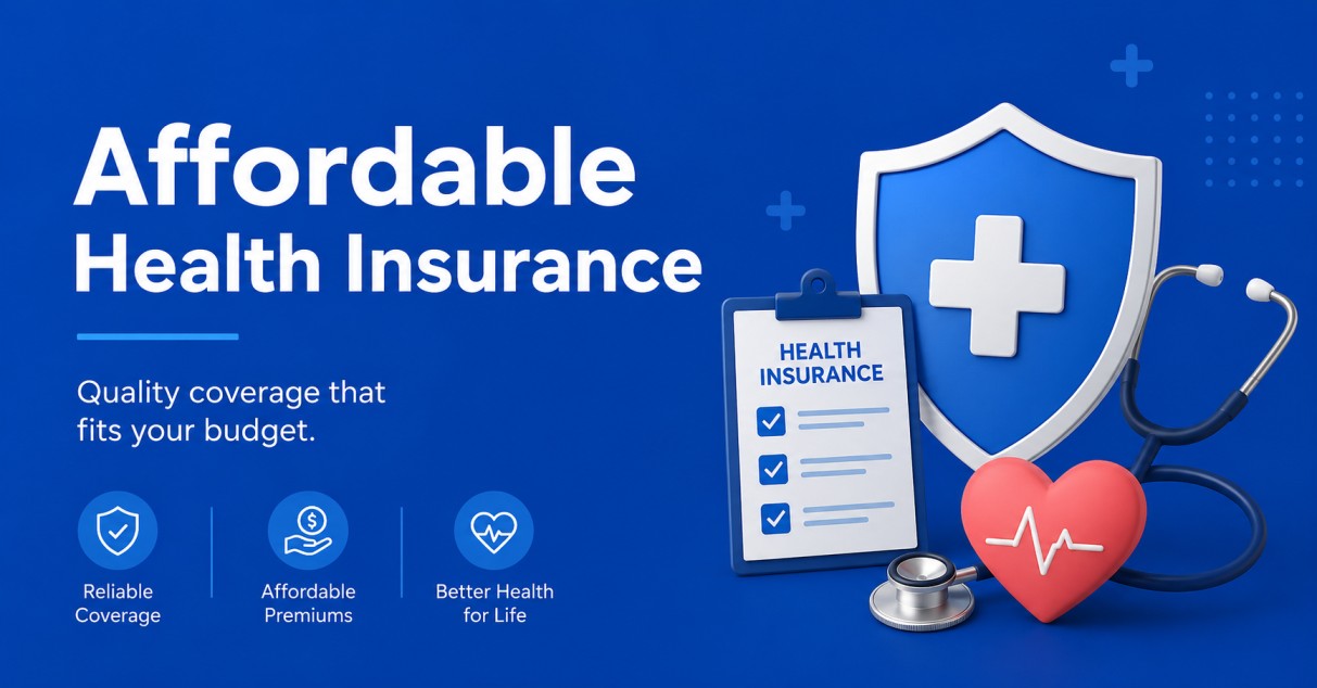 Affordable health insurance banner with blue background, medical shield, and healthcare coverage icons