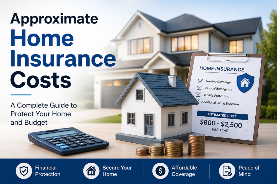 Approximate Home Insurance Costs infographic showing house model, calculator, insurance checklist, and estimated yearly coverage range with financial protection theme for homeowners guide in USA.