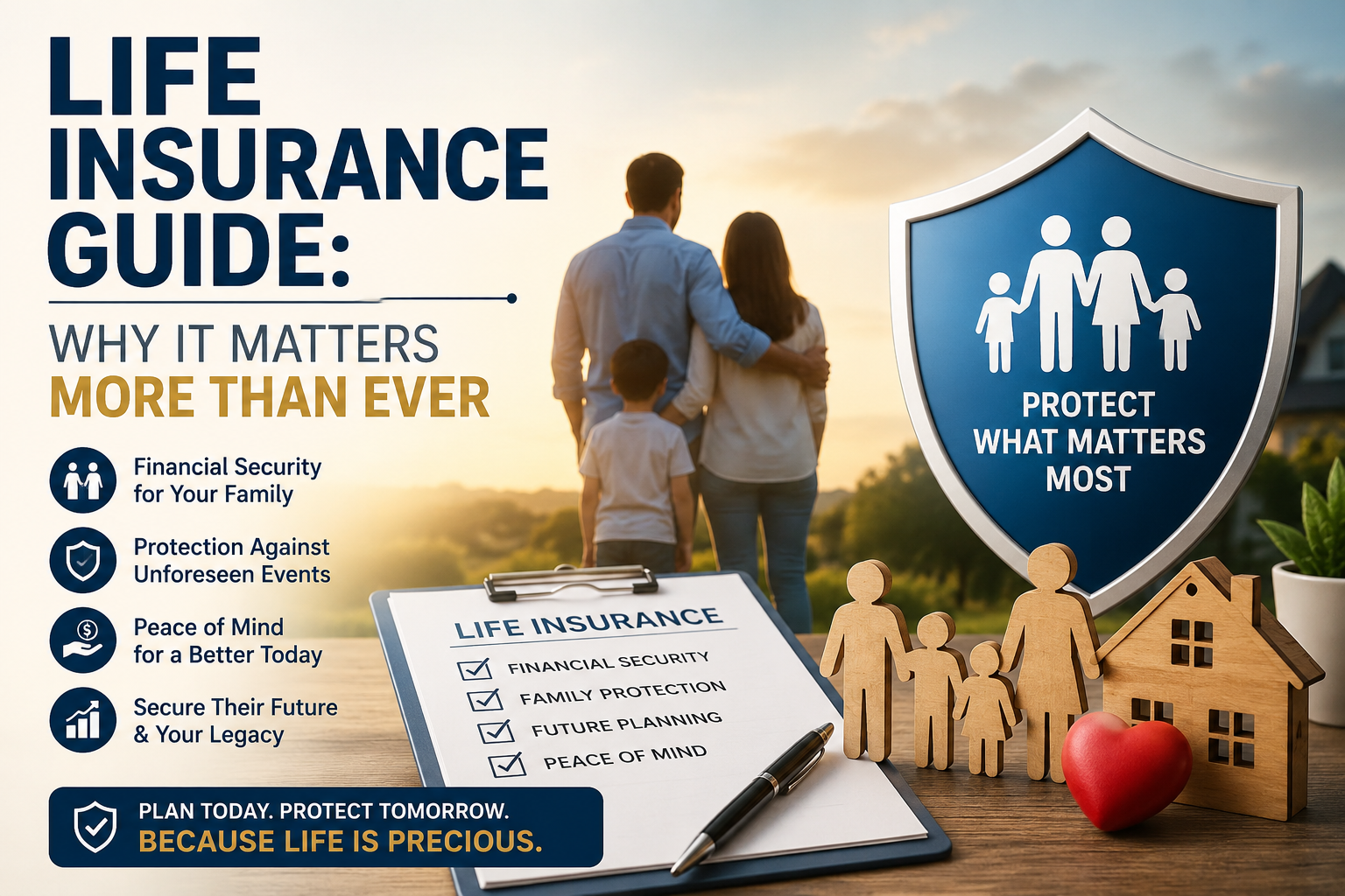 Life insurance guide infographic showing importance of financial protection for family and future security